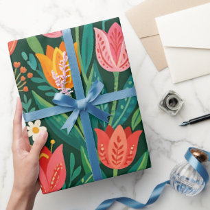 Papel de regalo de tulipán abstracto mariposa folk