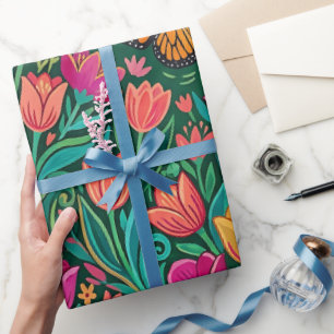 Papel de regalo de tulipanes abstractos mariposa m
