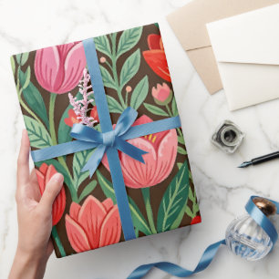 Papel de regalo de tulipanes y mariposas abstracta