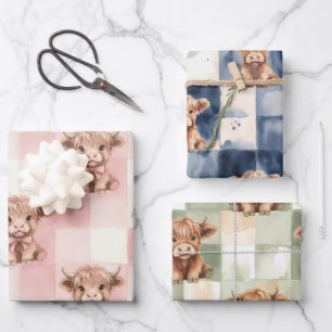 Papel de regalo de vaca Highland a cuadros rosa ve