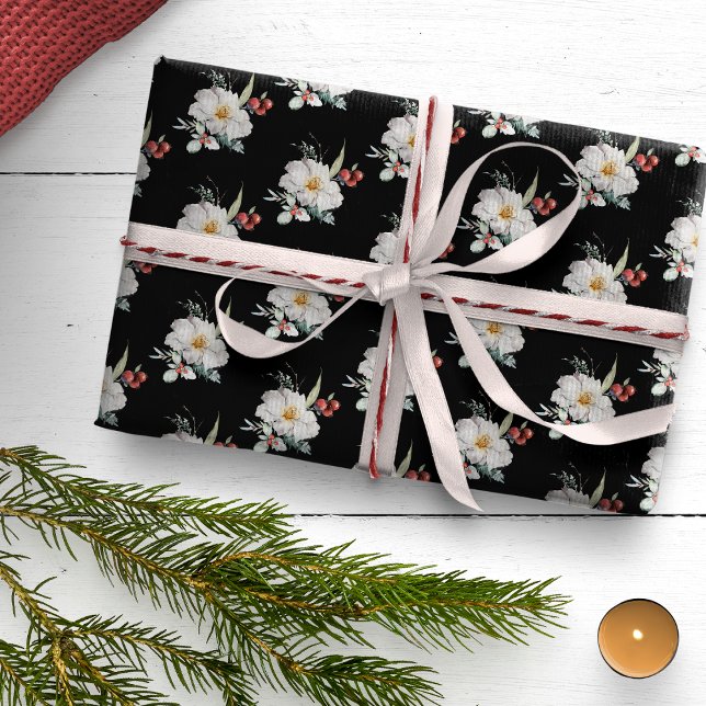 Papel de Regalo de Vacaciones Botánico Negro (Black White Red Boho Floral Christmas Holiday Wrapping Paper)