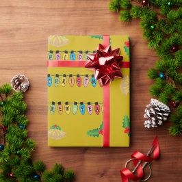 Papel de regalo de vacaciones doradas y felicitaci