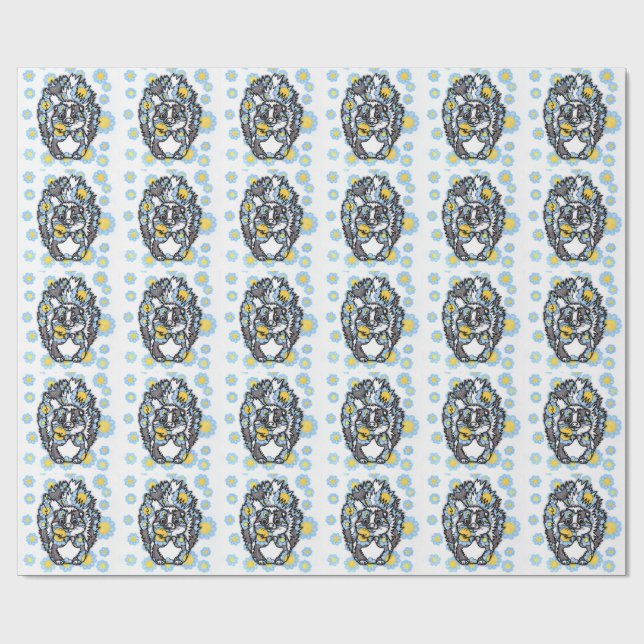 Papel de regalo de zorrillo lindo con flores azule (Superficie plana)