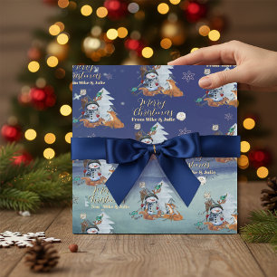 Papel de regalo de zorro y muñeco de nieve de bosq
