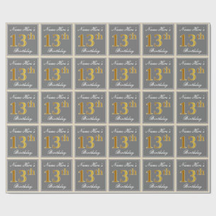Papel De Regalo Décimotercero cumpleaños del oro elegante, gris,