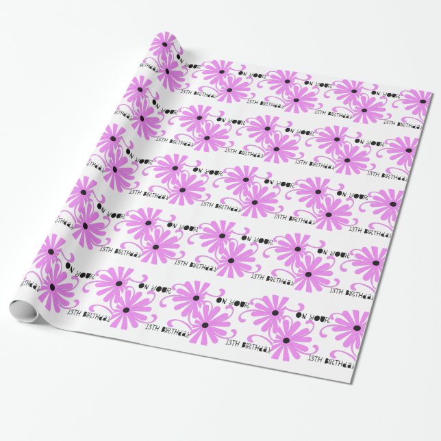 Papel De Regalo décimotercero cumpleaños, flores rosadas (Desenrollado)