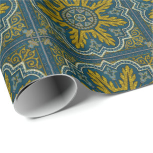 Papel De Regalo Deco de punto estrella azul y dorado
