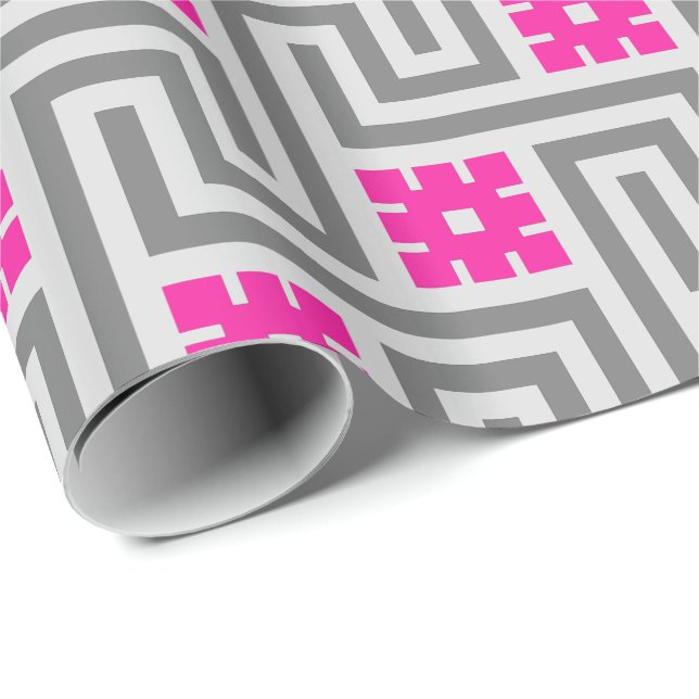 Papel De Regalo Deco Greek Key, Gris / Gris y Rosa Fuchsia (Esquina del rollo)