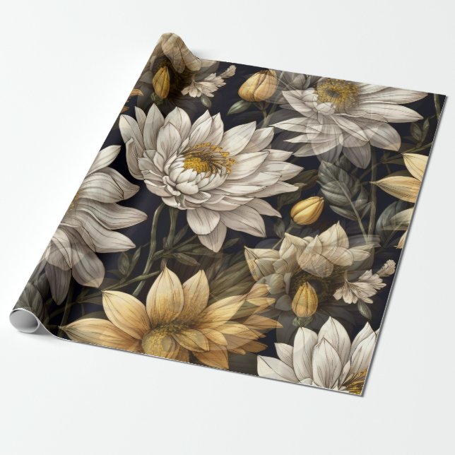 Papel De Regalo décor fleurs sur fond noir (Desenrollado)
