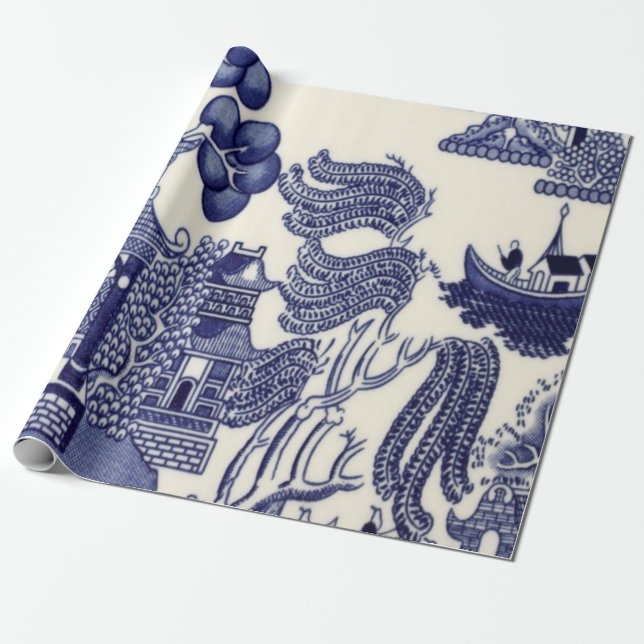 Papel De Regalo Decoración china azul y blanca (Desenrollado)