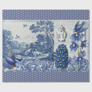 Papel De Regalo Decoración De Collage De Pájaros De Flor Azul De
