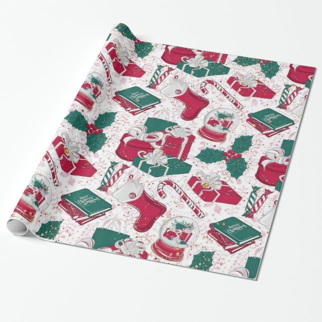 Papel De Regalo Decoración de Navidad roja blanca  (Desenrollado)
