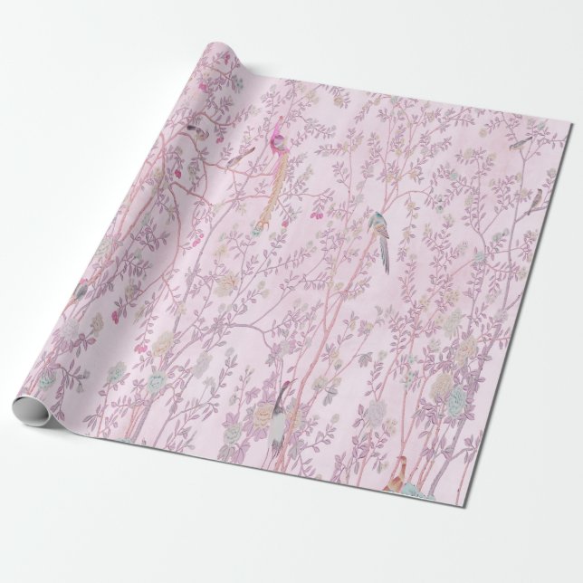 Papel De Regalo Decoración de pájaros chinas rosadas (Desenrollado)
