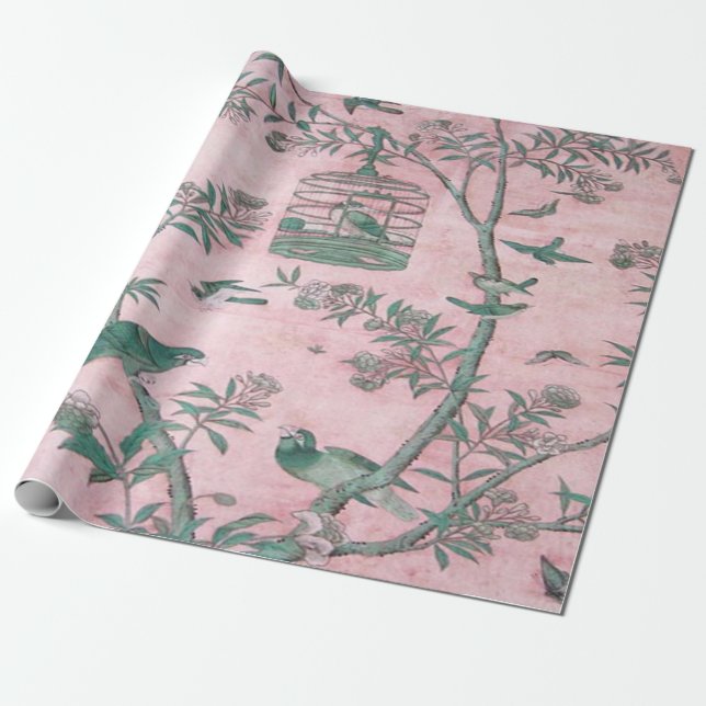 Papel De Regalo Decoración de pájaros chinas rosadas (Desenrollado)