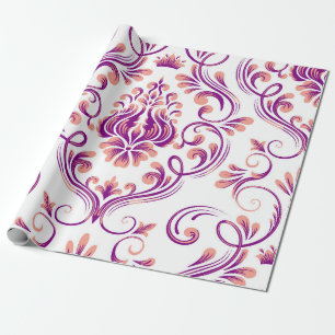 Papel De Regalo Decoración elegante de color Peach y Purple Damask