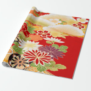 Papel De Regalo Decoración floral de kimono japonés verde rojo bla