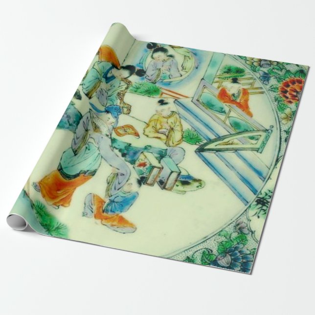 Papel De Regalo Decoración floral de la antigua Chinoiserie verde  (Desenrollado)