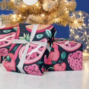Papel De Regalo Decoración negra con frutas rosas