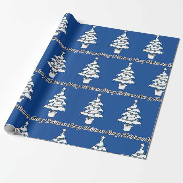 Papel De Regalo Decoraciones azules del árbol de Navidad blanco -  (Desenrollado)