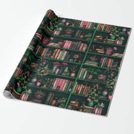 Papel De Regalo Decoraciones de libros y plantas en estante verde 