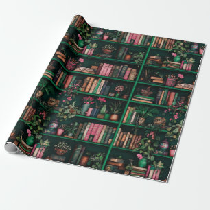 Papel De Regalo Decoraciones de libros y plantas en estante verde