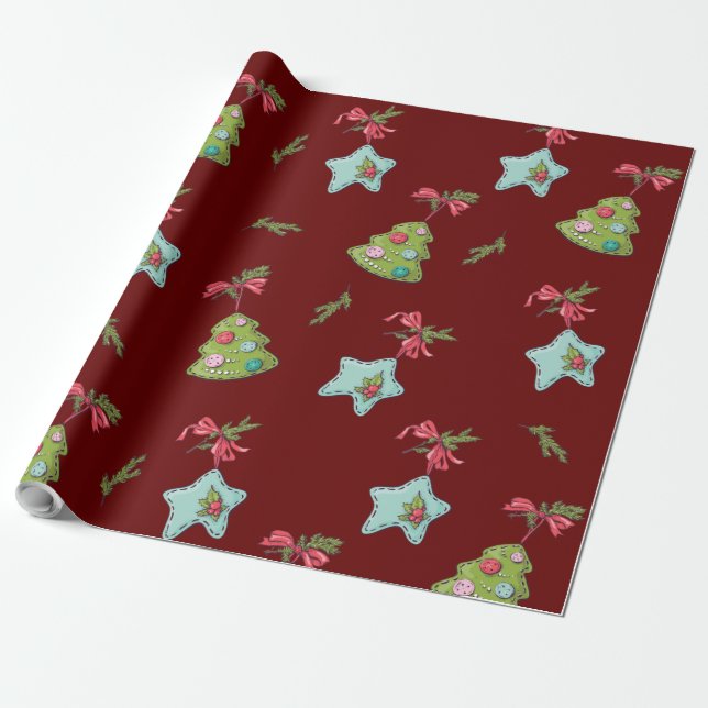 Papel De Regalo Decoraciones profundas de Navidad rojas (Desenrollado)