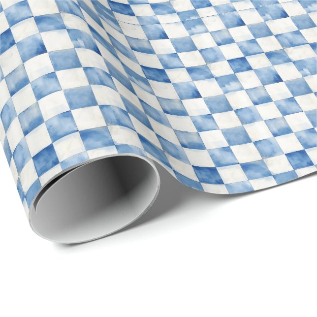 Papel de regalo decorativo de cuadros azules (Esquina del rollo)