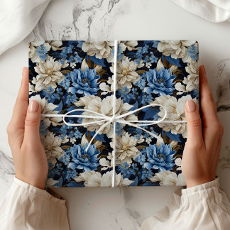Papel de regalo decorativo floral marfil azul de m