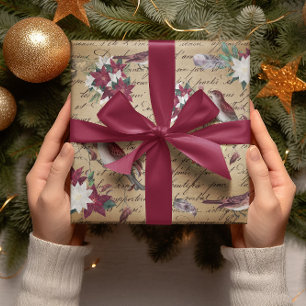 Papel De Regalo Decoupage Vintage Poinsettia Holiday Bird Writing