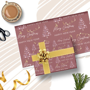 Papel De Regalo Deep Crimson Doodle Estrellas de renos de árbol de