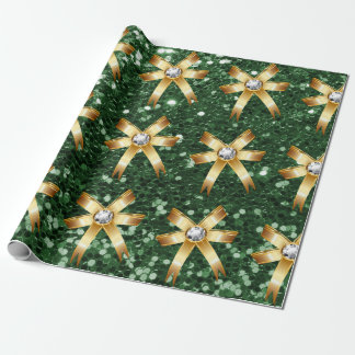 Papel De Regalo Deep Green Faux Purpurina Gold Diamond Bows