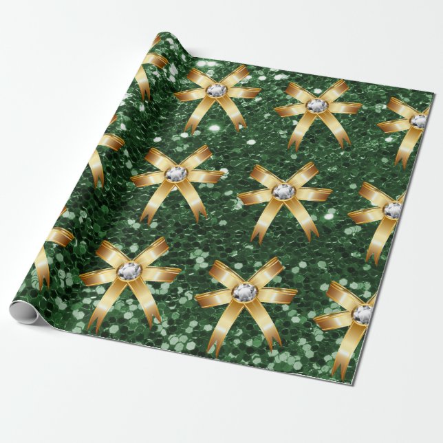 Papel De Regalo Deep Green Faux Purpurina Gold Diamond Bows (Desenrollado)