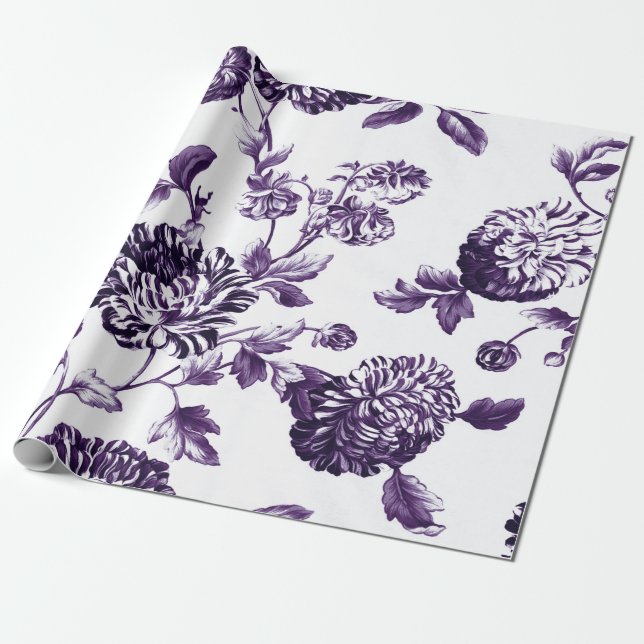 Papel De Regalo Deep Mulberry Purple Botanical Floral Toile (Desenrollado)