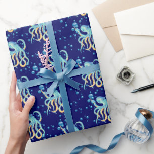 Papel De Regalo Deep Sea Cute Octopus Blue Bubble Naval