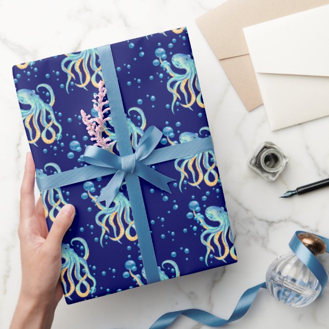 Papel De Regalo Deep Sea Cute Octopus Blue Bubble Naval (Regalar)