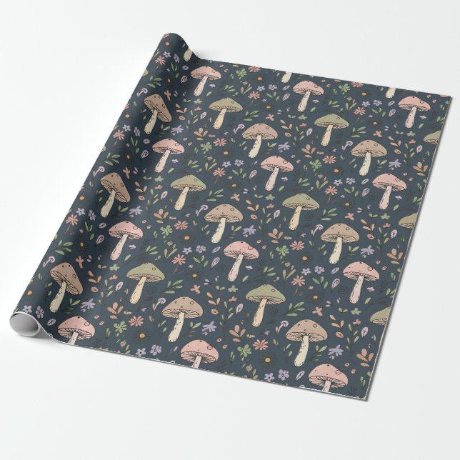 Papel De Regalo Deep Slate Blue Moody Mushroom Seamless Pattern (Desenrollado)