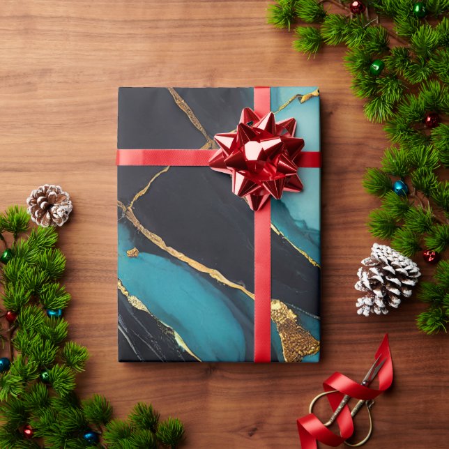 Papel De Regalo Deep Teal Marble with Bold Gold Veins (Regalo de vacaciones)