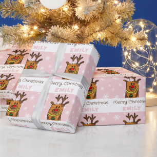Papel De Regalo Deer rosa lindo dibujando copos de nieve Navidades