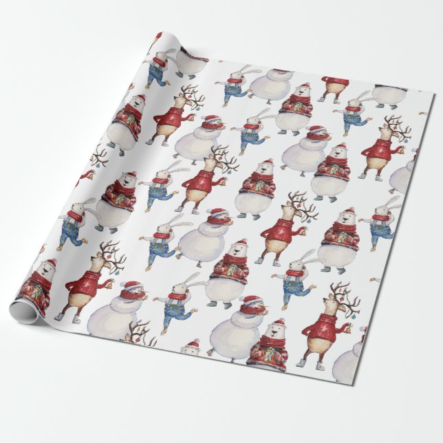 Papel De Regalo Deer Snowman Rabbit Bear Navidades de vacaciones (Desenrollado)