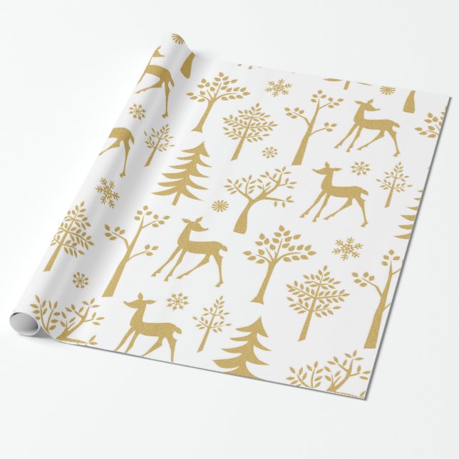 Papel De Regalo Deer Y Árboles Purpurinas De Oro (Desenrollado)