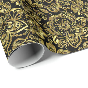 Papel De Regalo Deleitadas Damaspedos florales Barrocos De Oro Bri
