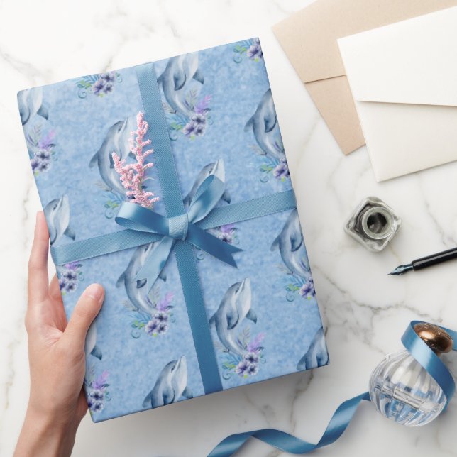 Papel De Regalo Delfines y flores en azul (Regalar)