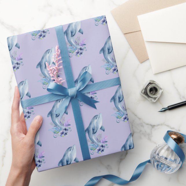Papel De Regalo Delfines y flores en morado (Regalar)