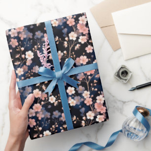 Papel De Regalo Delicadas flores de cerezo con dorado sobre azul m