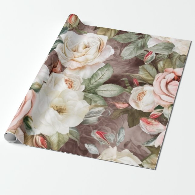 Papel De Regalo Delicadas rosas blancas y rosas rosas rosas negras (Desenrollado)