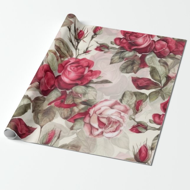 Papel De Regalo Delicadas rosas rosadas y rojas de época (Desenrollado)