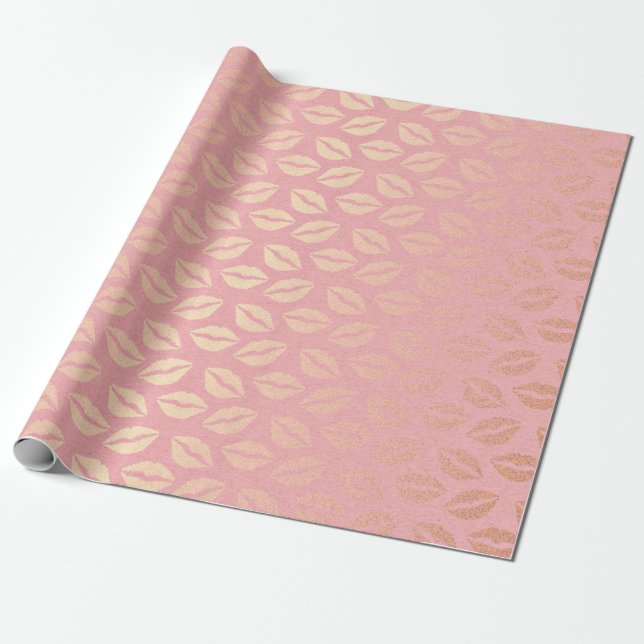 Papel De Regalo Delicado Pastel Rosa Beso Dorado Abrazos (Desenrollado)