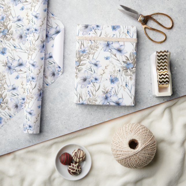 Papel De Regalo Delicado Patrón botánico acuarela - Azul suave (Artesanía)