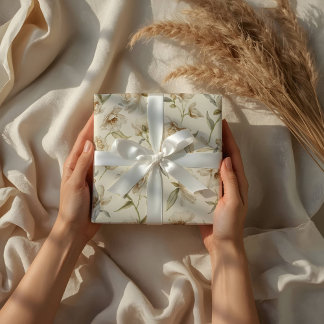 Papel De Regalo Delicado Patrón Floral Blanco en Acuarela
