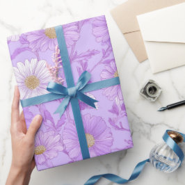 Papel De Regalo Delicado patrón floral de crema de margarita lila